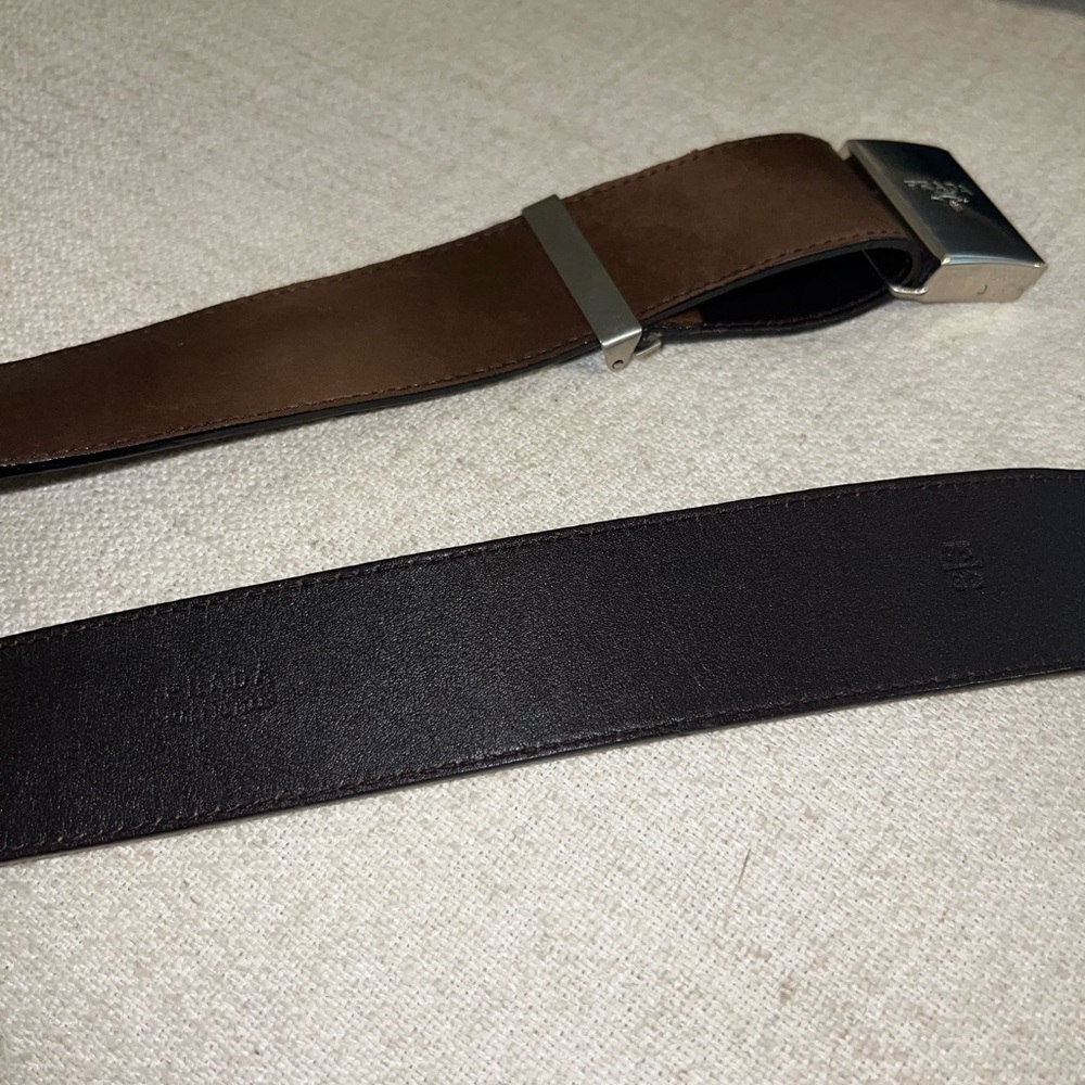 Prada Dark Brown Adjustable Leather Belt with Silver Buckle Logo Clasp - Picture 3 of 7